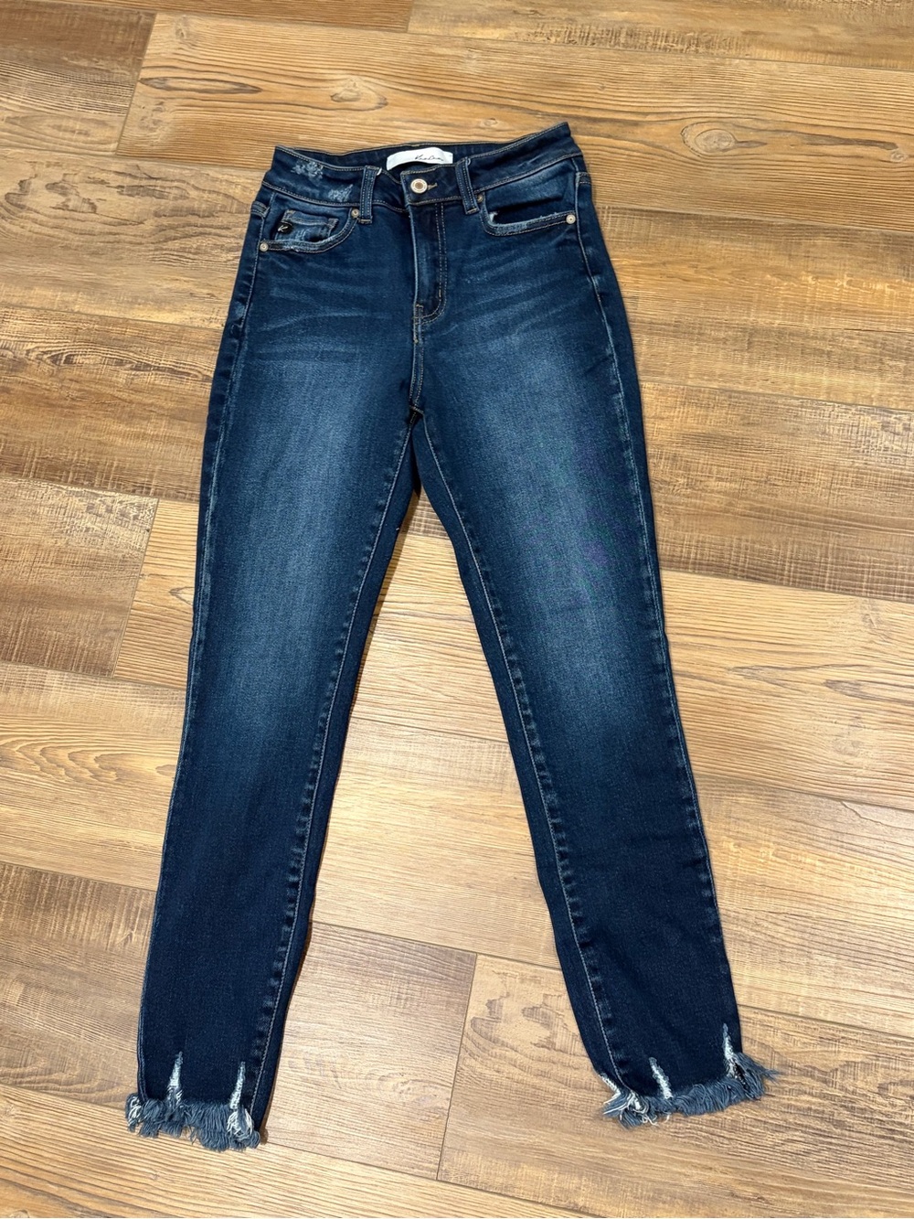 KanCan Dark Indigo High-Rise Skinny Jeans with Distressed Frayed Ankles